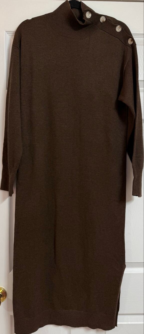 Women’s Lush Chocolate Brown Knitted Midi Jumper Dress with Button Detailing